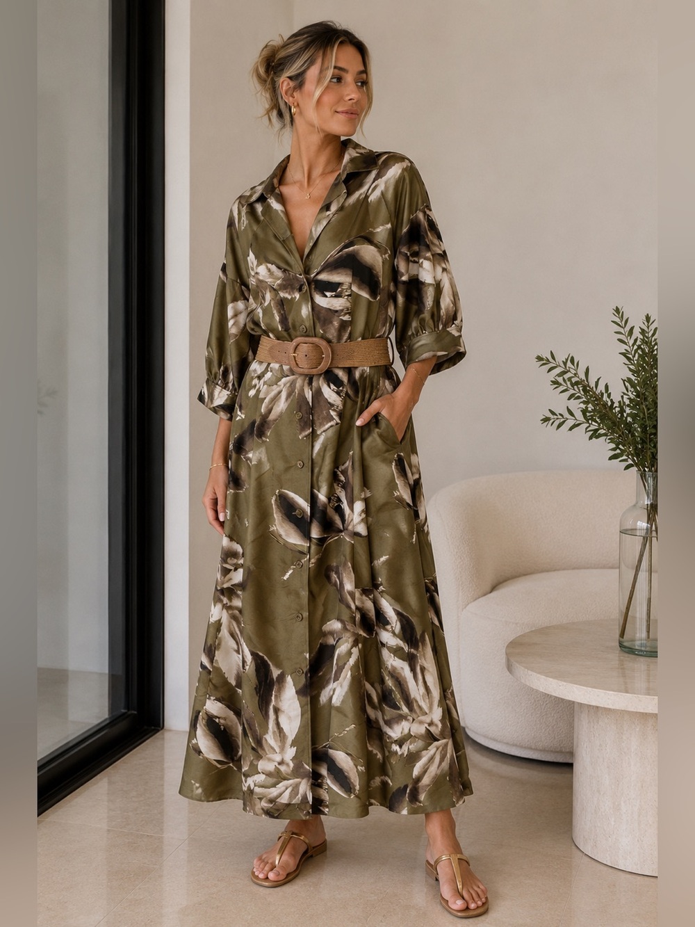 Donna Karan Olive Floral Button-Front Maxi Dress